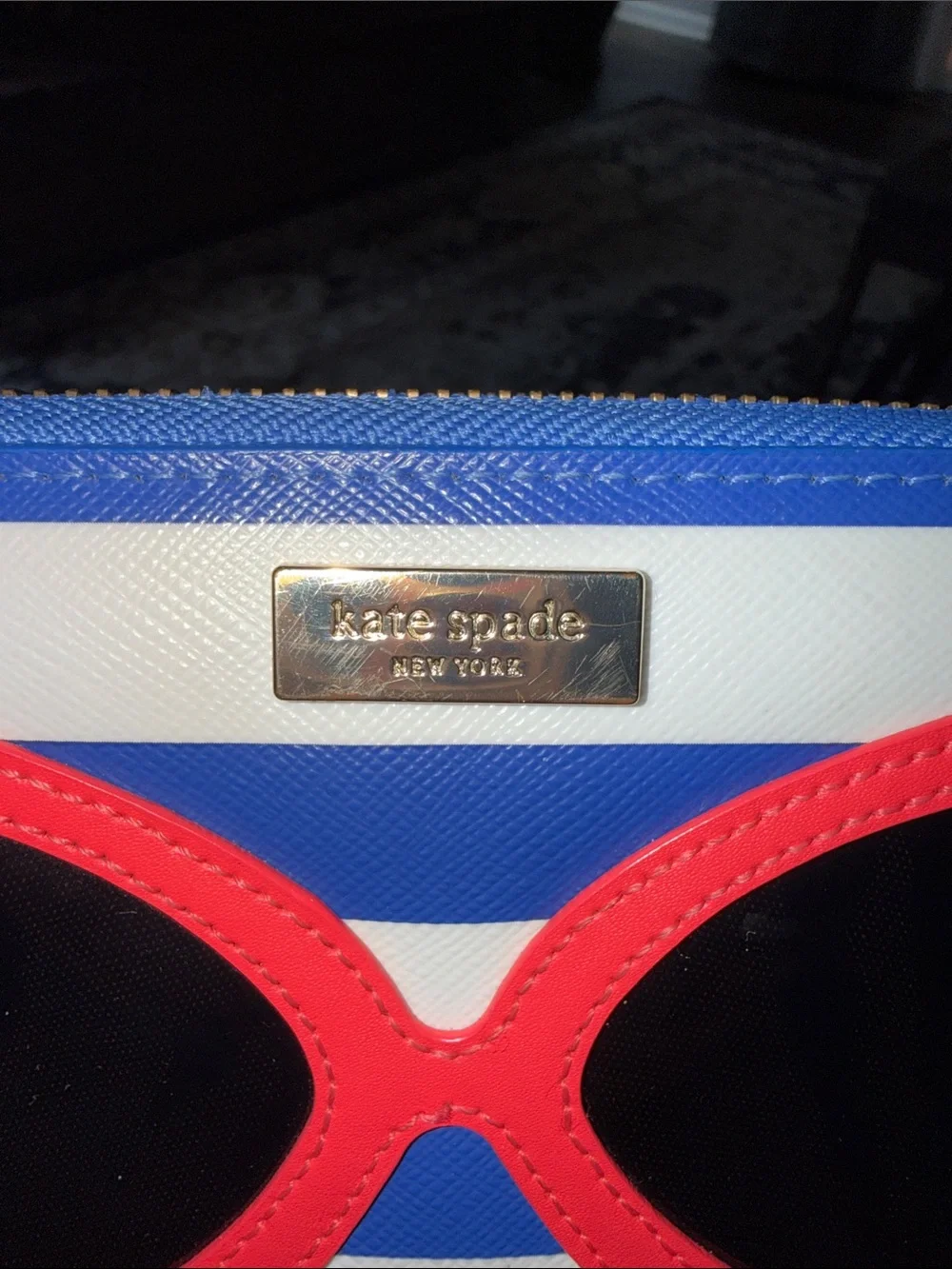 Kate spade Striped Sunglasses Wristlet Wallet with Red Sunglass Applique